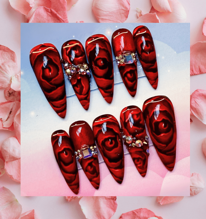 Hand-Painted Red Rose Press-On Nails – Spring Elegance – Nail