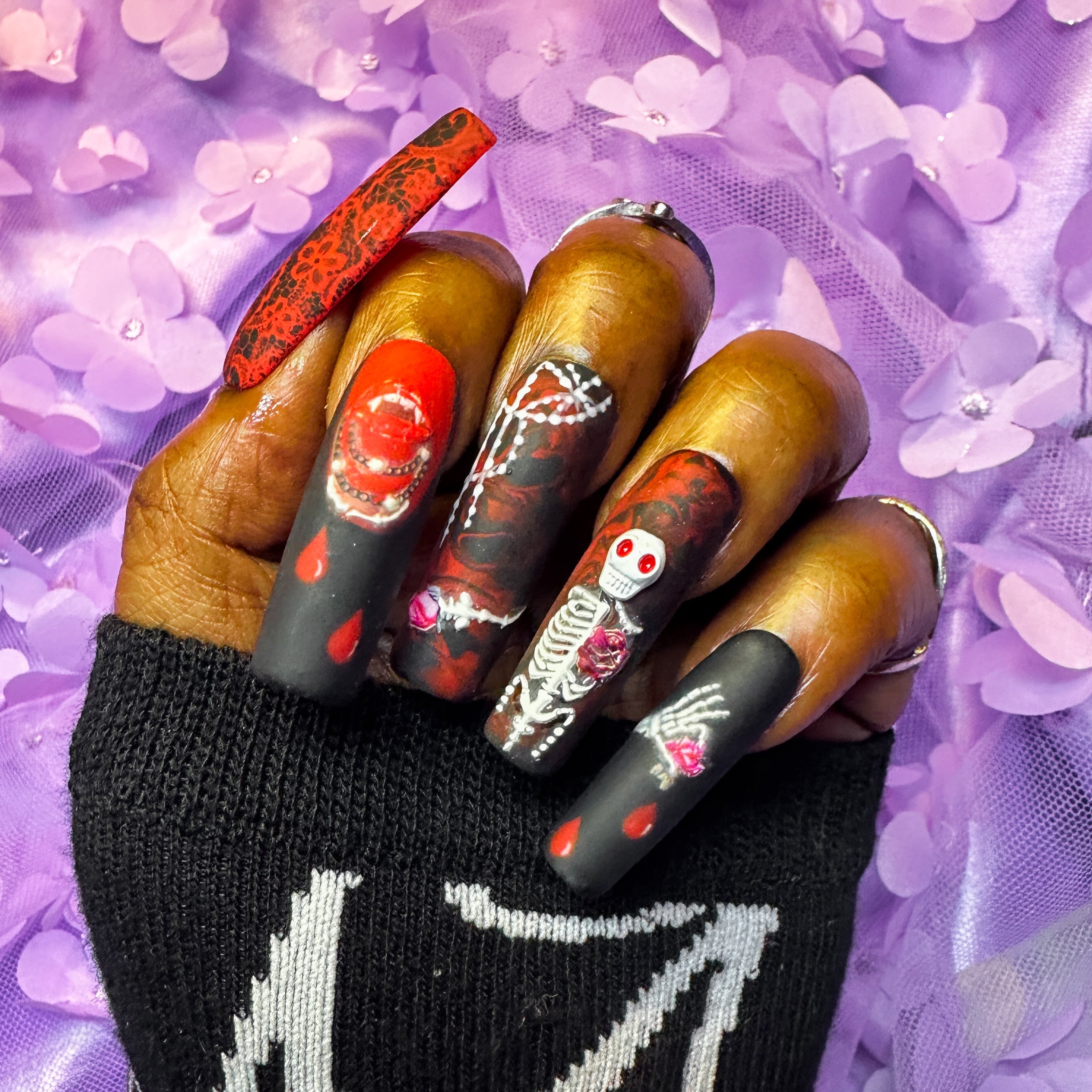 Skeleton Love Black and White Goth Spooky Valentines Day Customizable Designer Luxury shops Press-on Acrylic Nails Set - Includes Application Kit