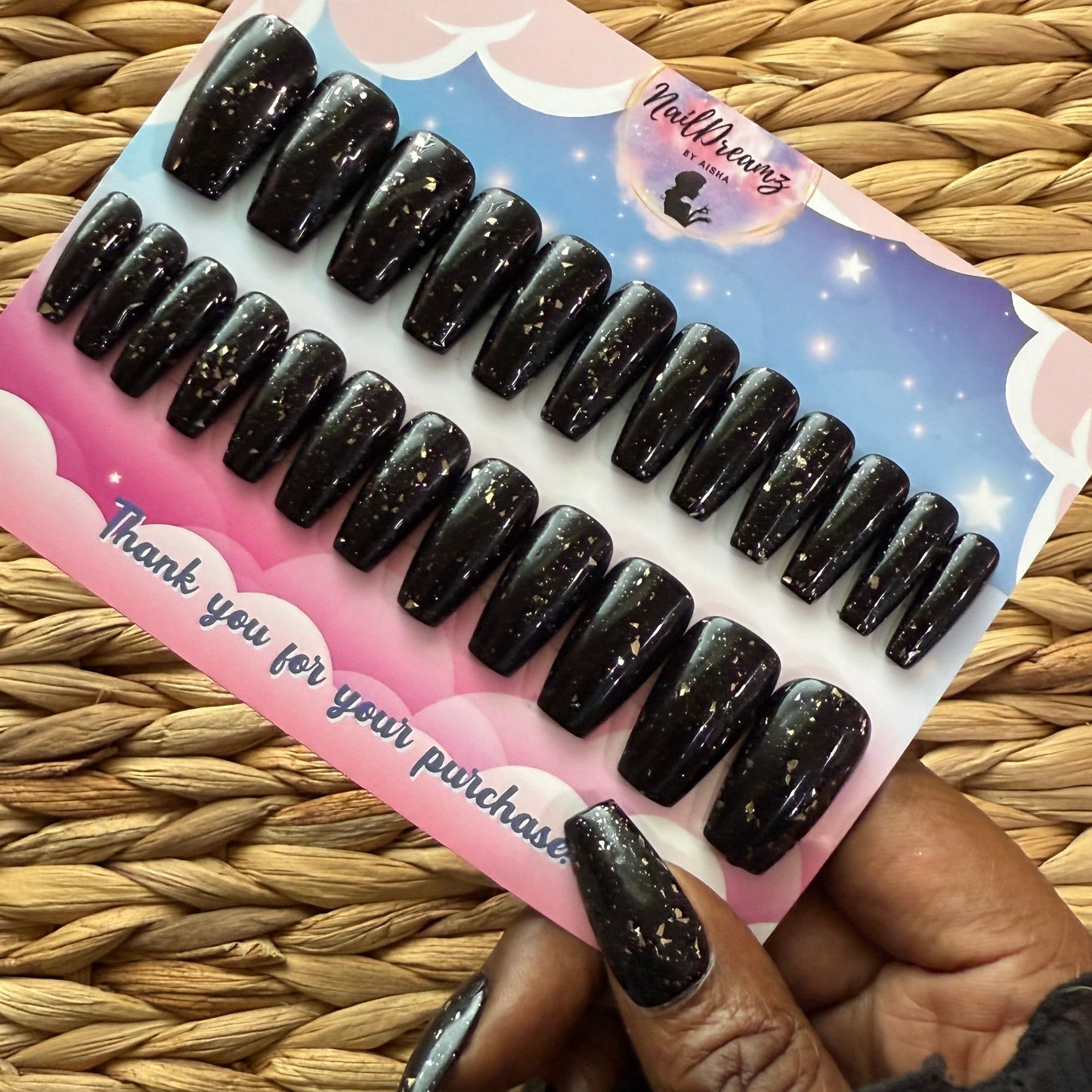 🌟24K Birthday Nails – Coffin Medium – Pre - Made Set - Nail Dreamz by Aisha