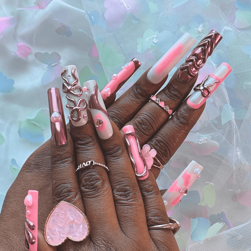 3D Bow Romance – Pink & Chrome Press - On Nails - Nail Dreamz by AishaBOW - VAL