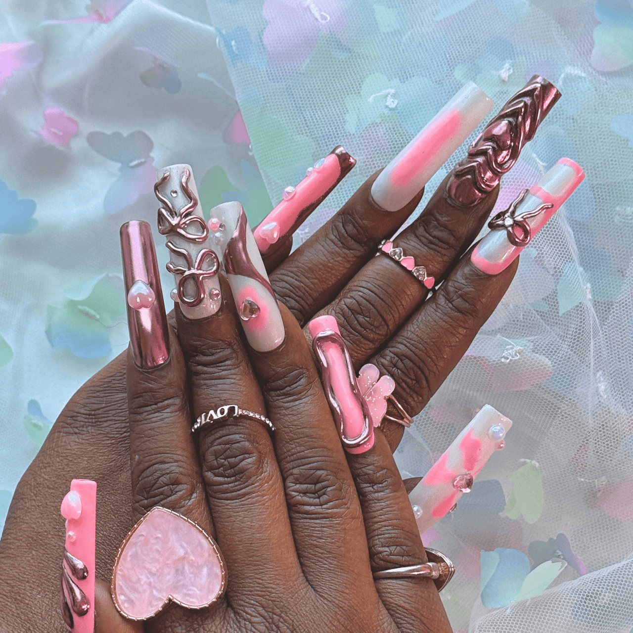 3D Bow Romance – Pink & Chrome Press - On Nails - Nail Dreamz by AishaBOW - VAL