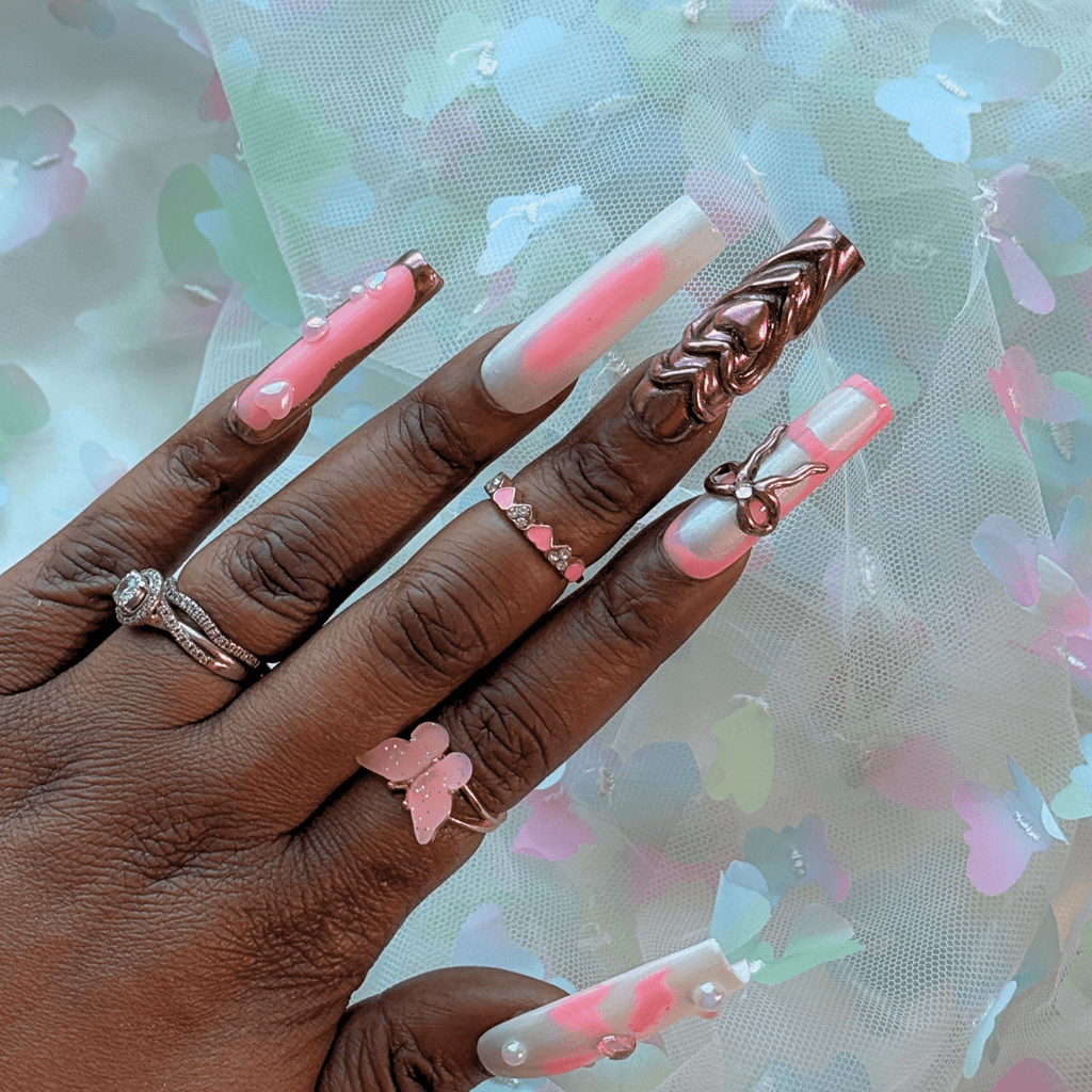 3D Bow Romance – Pink & Chrome Press - On Nails - Nail Dreamz by AishaBOW - VAL