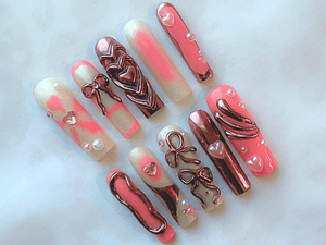 3D Bow Romance – Pink & Chrome Press - On Nails - Nail Dreamz by AishaBOW - VAL