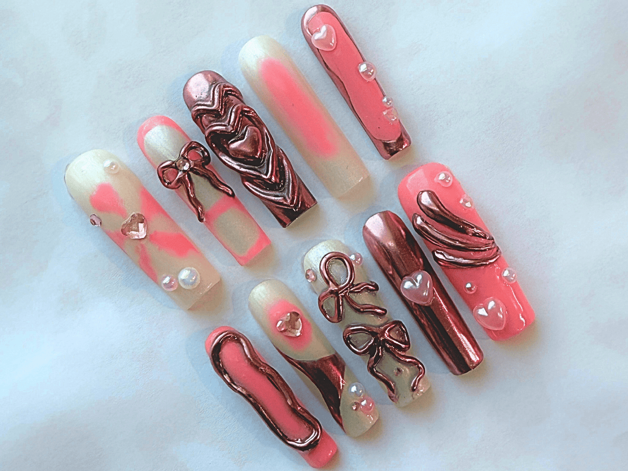 3D Bow Romance – Pink & Chrome Press - On Nails - Nail Dreamz by AishaBOW - VAL