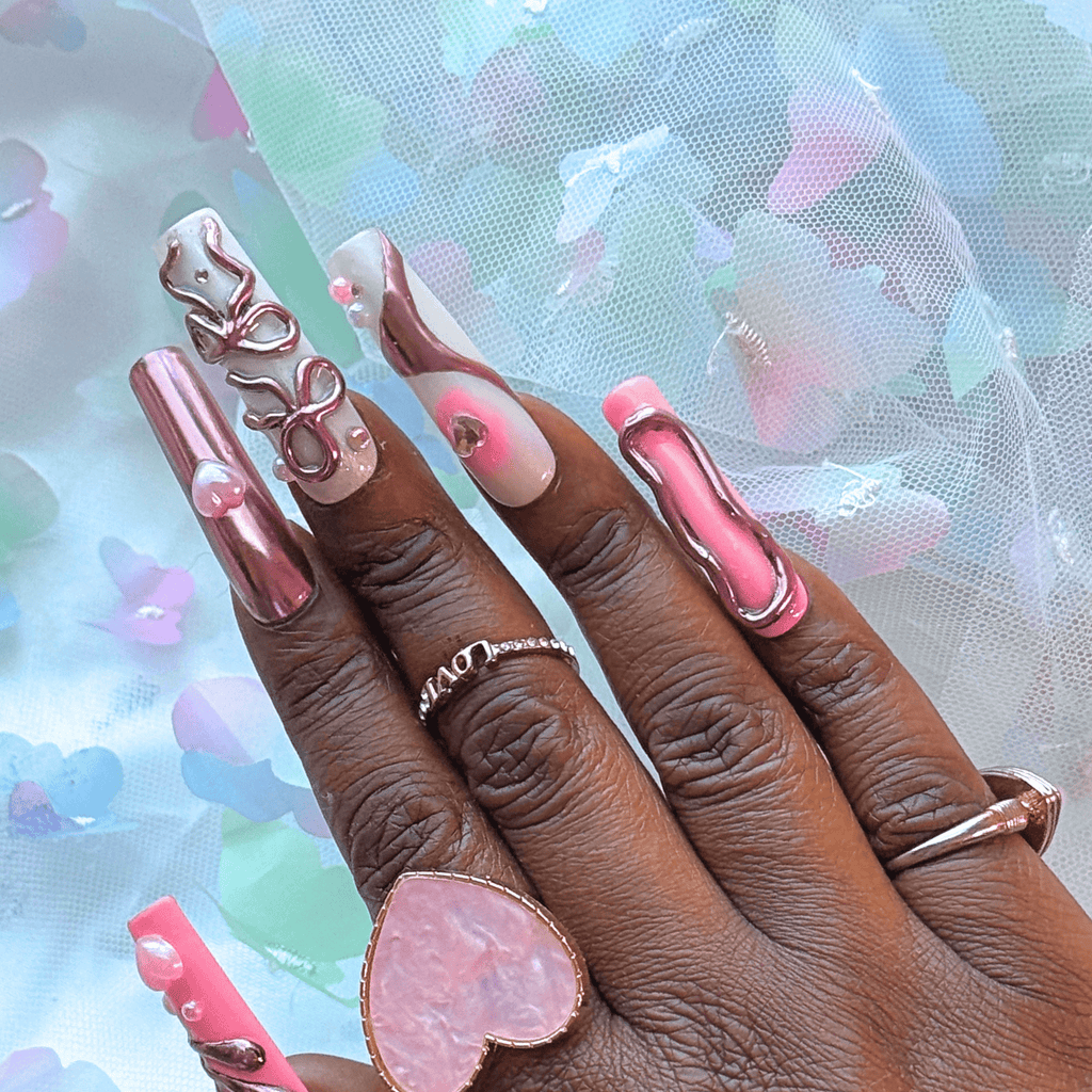 3D Bow Romance – Pink & Chrome Press - On Nails - Nail Dreamz by AishaBOW - VAL