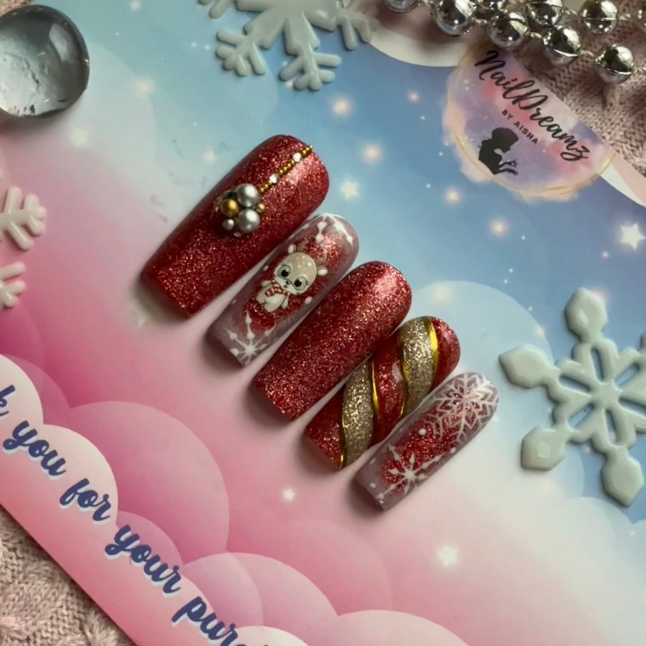 Holiday Reindeer Nails with Snowy Window & Ornament Charm ✨