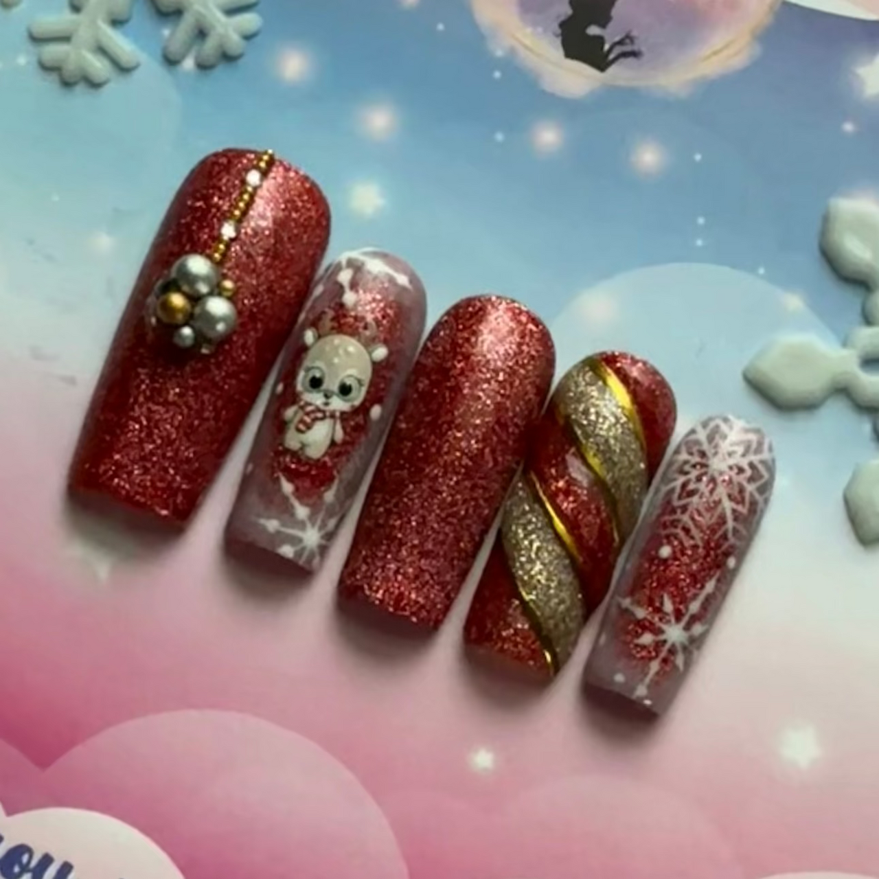 Holiday Reindeer Nails with Snowy Window & Ornament Charm ✨