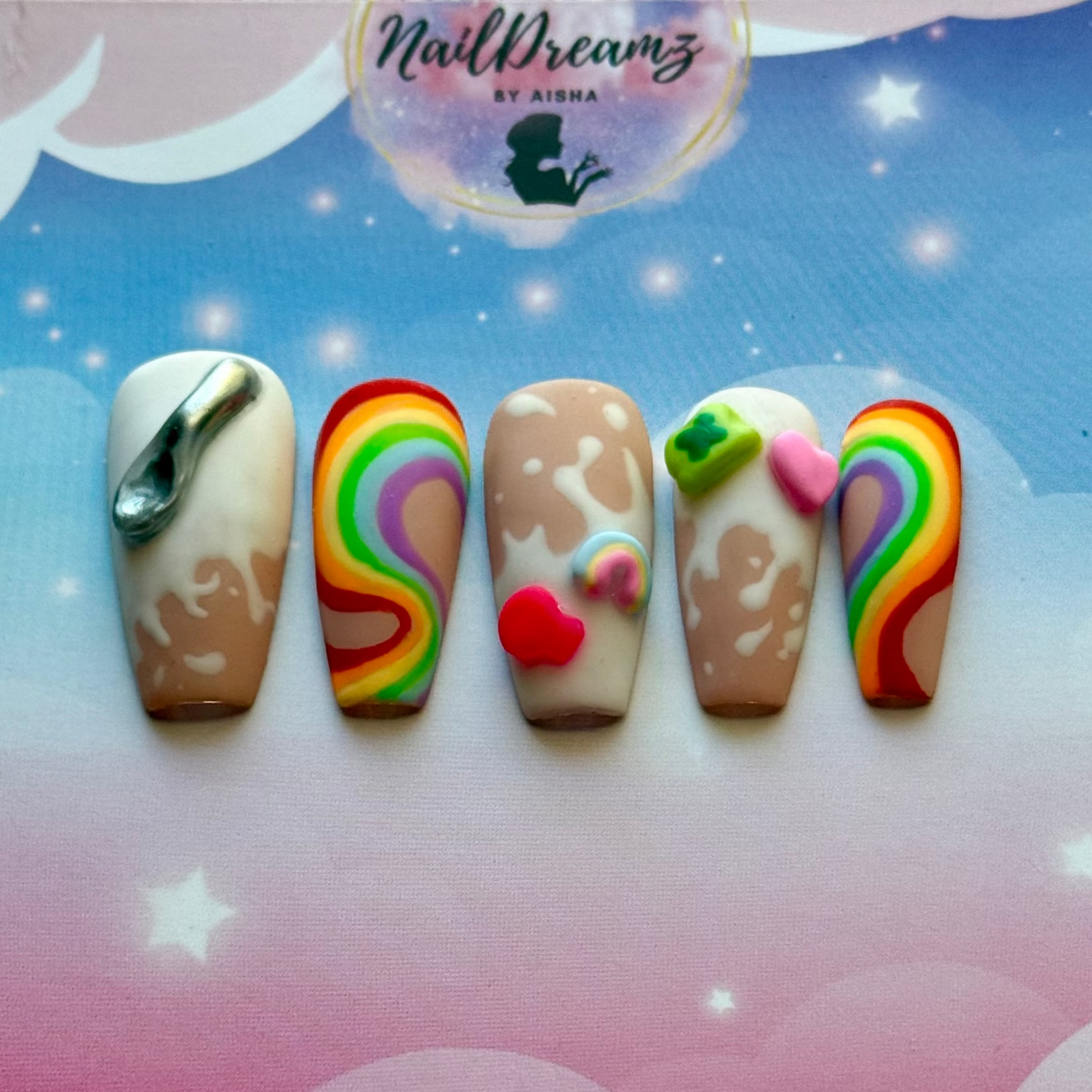 Hand-painted cereal nails with sculpted 3D marshmallows