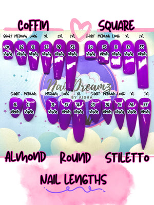 Chart showing different nail lengths and shapes with 'Nail Dreamz' branding.