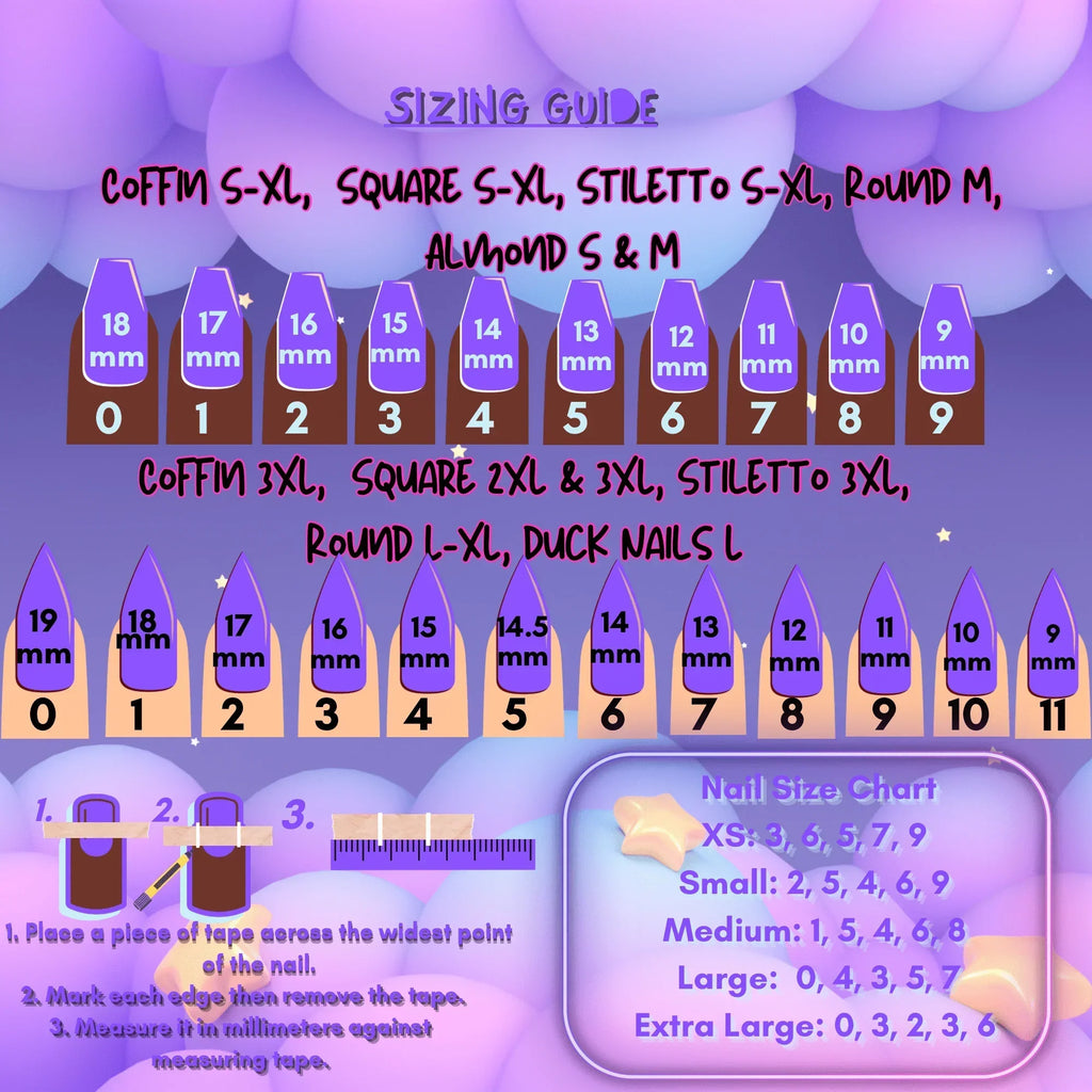 Sizing guide for press on nails showing nail widths in millimeters with shape and size recommendations for coffin, stiletto, almond, round, and duck nails