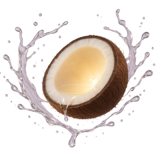 A glowing coconut cracked open with clear oil splashes around it, suspended in mid-air, glossy skincare advertisement style, purple pastel background, luxurious and dreamy wit transparent background