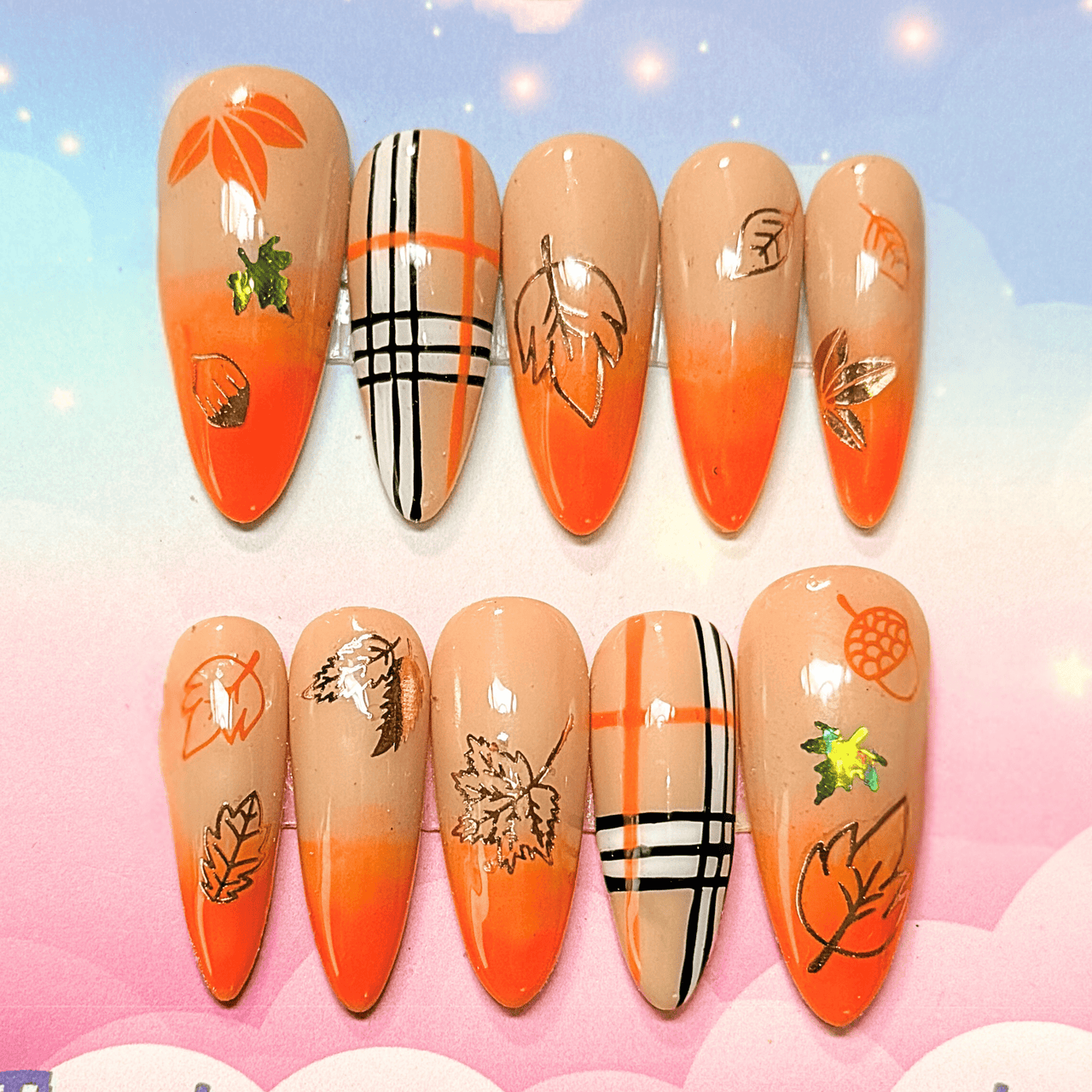 Autumn Plaid & Leaves Press On Nails – Orange Ombré Fall Vibes 🍂 - Nail Dreamz by AishaLEF - FAL - PLD