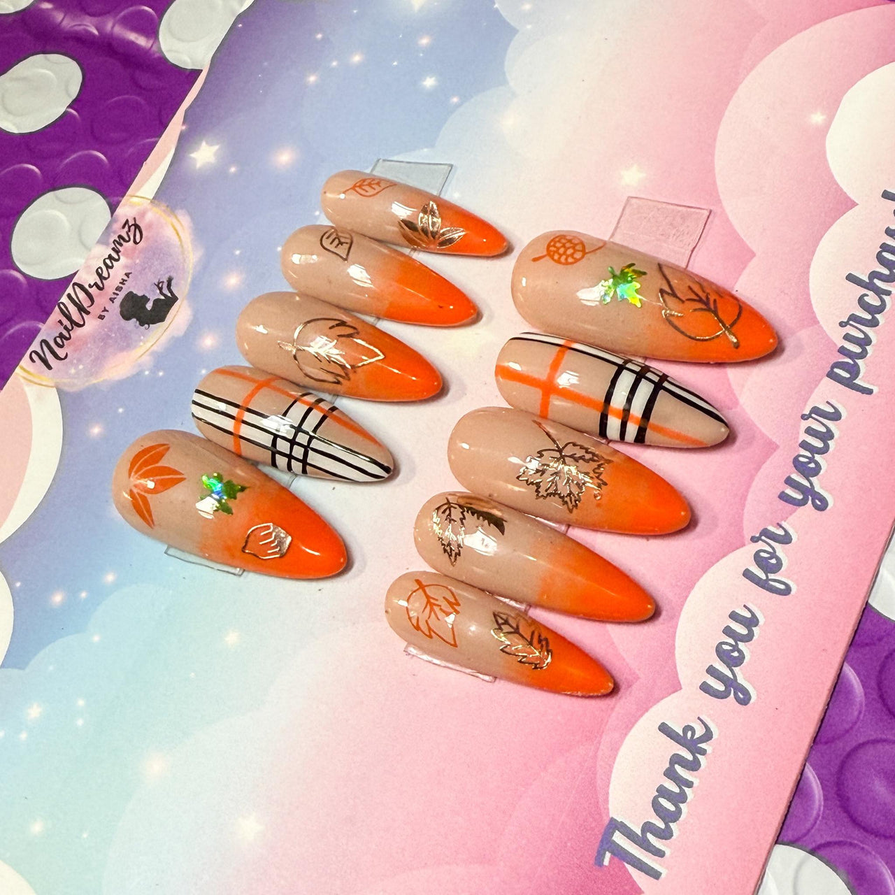 Autumn Plaid & Leaves Press On Nails – Orange Ombré Fall Vibes 🍂 - Nail Dreamz by AishaLEF - FAL - PLD