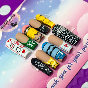 Back to School Press On Nails – Pencil, Ruler, Notebook & Chalkboard ✏️📓 - Nail Dreamz by AishaBTS - FAL