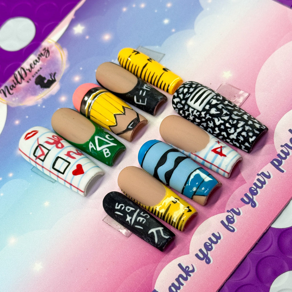 Back to School Press On Nails – Pencil, Ruler, Notebook & Chalkboard ✏️📓 - Nail Dreamz by AishaBTS - FAL