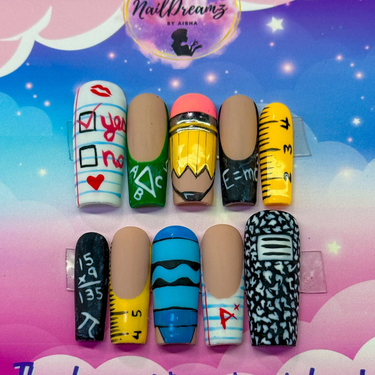 Back to School Press On Nails – Pencil, Ruler, Notebook & Chalkboard ✏️📓 - Nail Dreamz by AishaBTS - FAL
