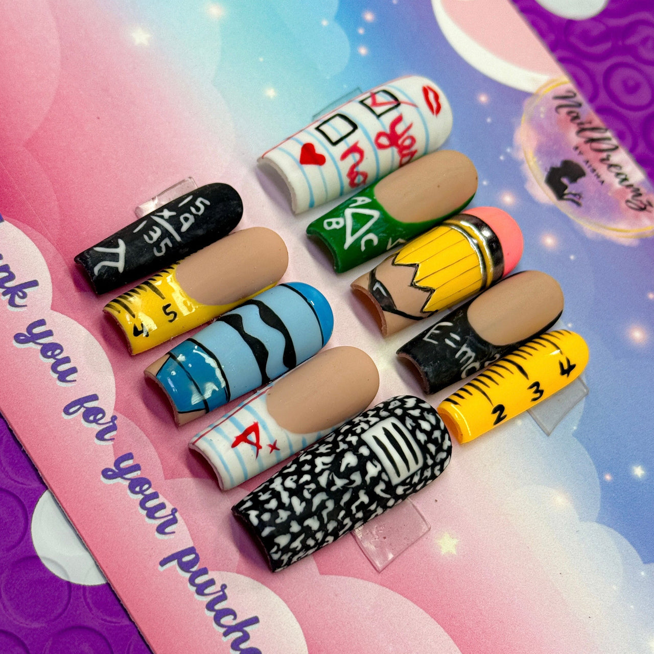 Back to School Press On Nails – Pencil, Ruler, Notebook & Chalkboard ✏️📓 - Nail Dreamz by AishaBTS - FAL