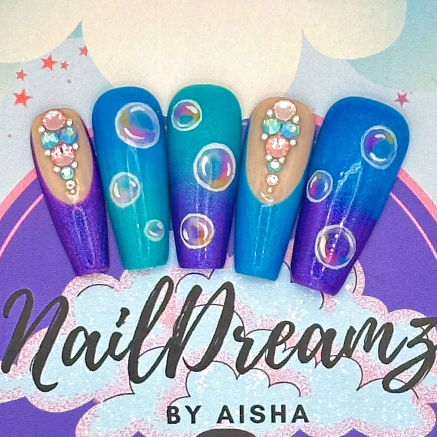 Blue Ocean Bubbles Summer Press on Nails - Nail Dreamz by AishaBBL-SMR