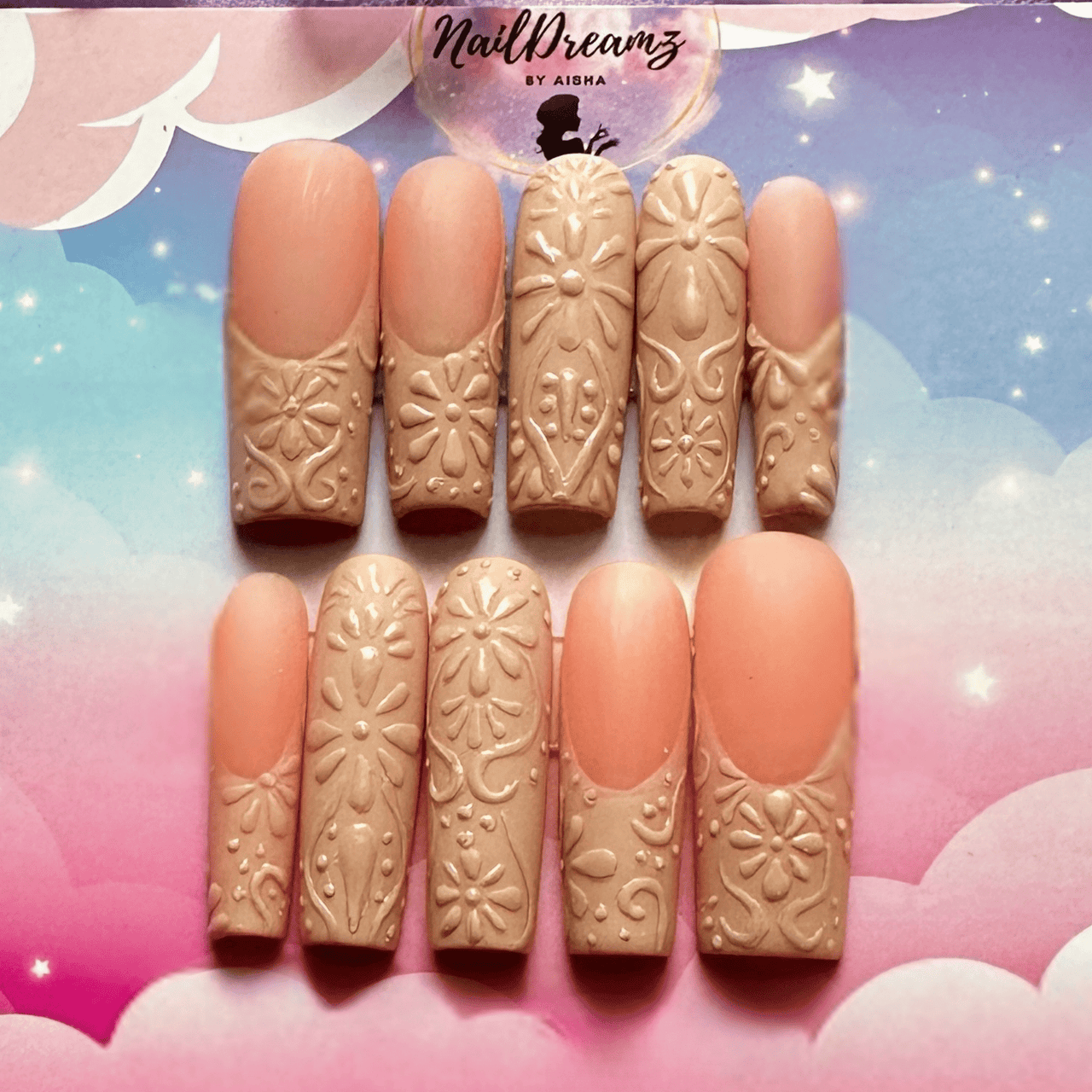 Blush & Bloom Floral Nude Press On Nails – Embossed Everyday Reusable Set - Nail Dreamz by AishaBLS - DAY