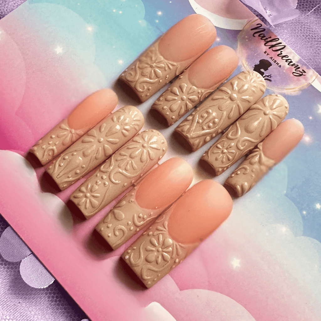 Blush & Bloom Floral Nude Press On Nails – Embossed Everyday Reusable Set - Nail Dreamz by AishaBLS - DAY