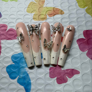 Butterfly French Tip Press On Nails – Nude Glitter Set - Nail Dreamz by AishaSPG-BTR-CHM