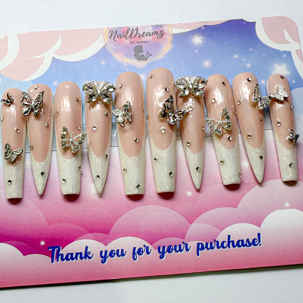 Butterfly French Tip Press On Nails – Nude Glitter Set - Nail Dreamz by AishaSPG-BTR-CHM