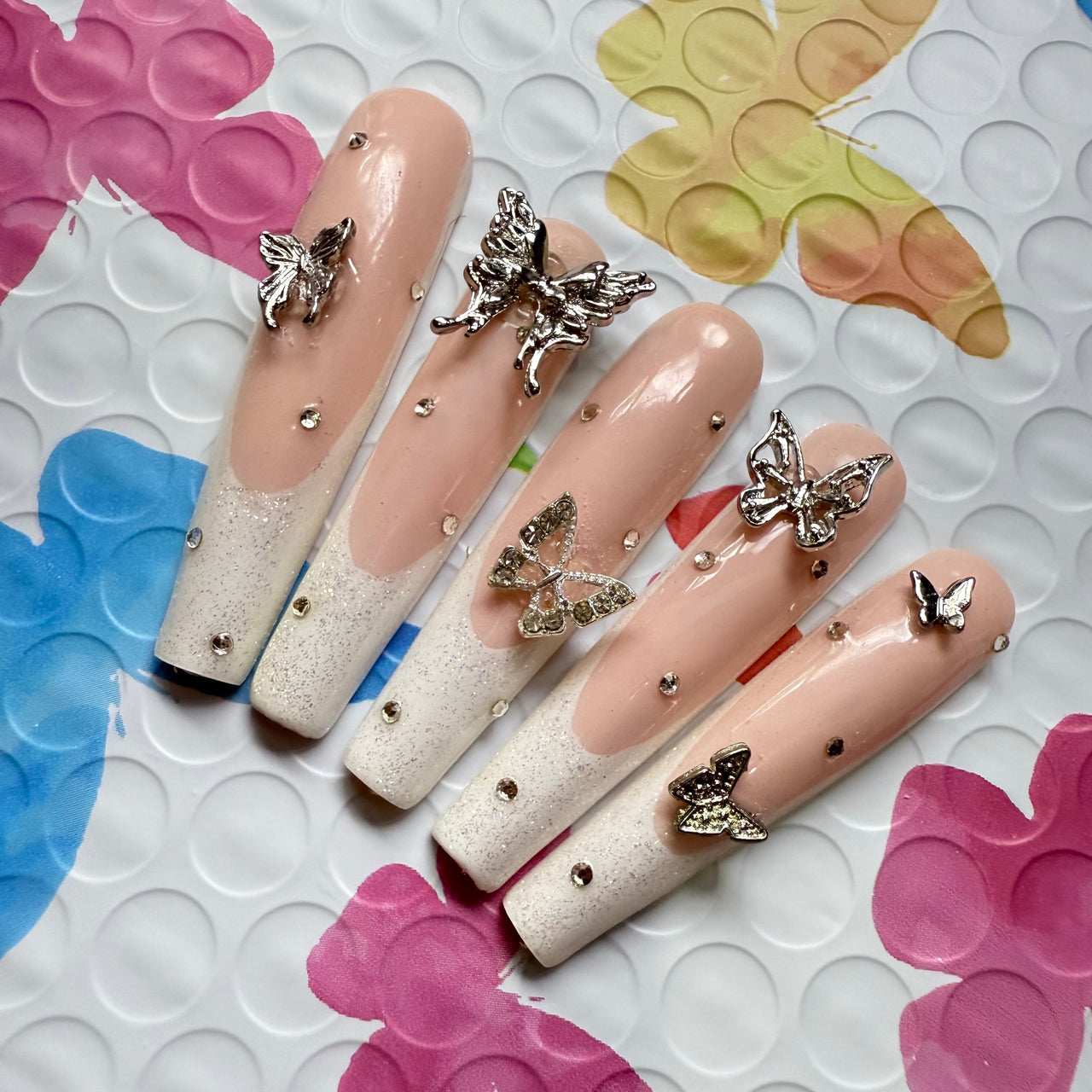 Butterfly French Tip Press On Nails – Nude Glitter Set - Nail Dreamz by AishaSPG-BTR-CHM