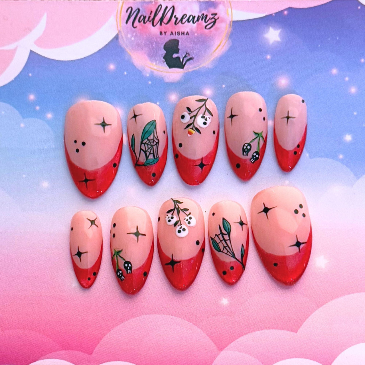 Cherry Skull Garden – Cat’s Eye French Press On Nails - Nail Dreamz by AishaCHR - HAL