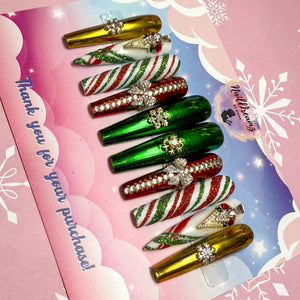 Chrome Christmas Present Press On Nails – Holiday Rhinestone Luxury Set ✨ - Nail Dreamz by AishaJCK-CHS