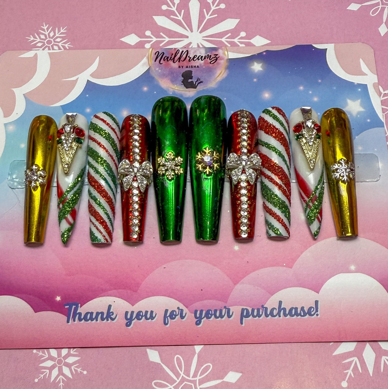 Chrome Christmas Present Press On Nails – Holiday Rhinestone Luxury Set ✨ - Nail Dreamz by AishaJCK-CHS