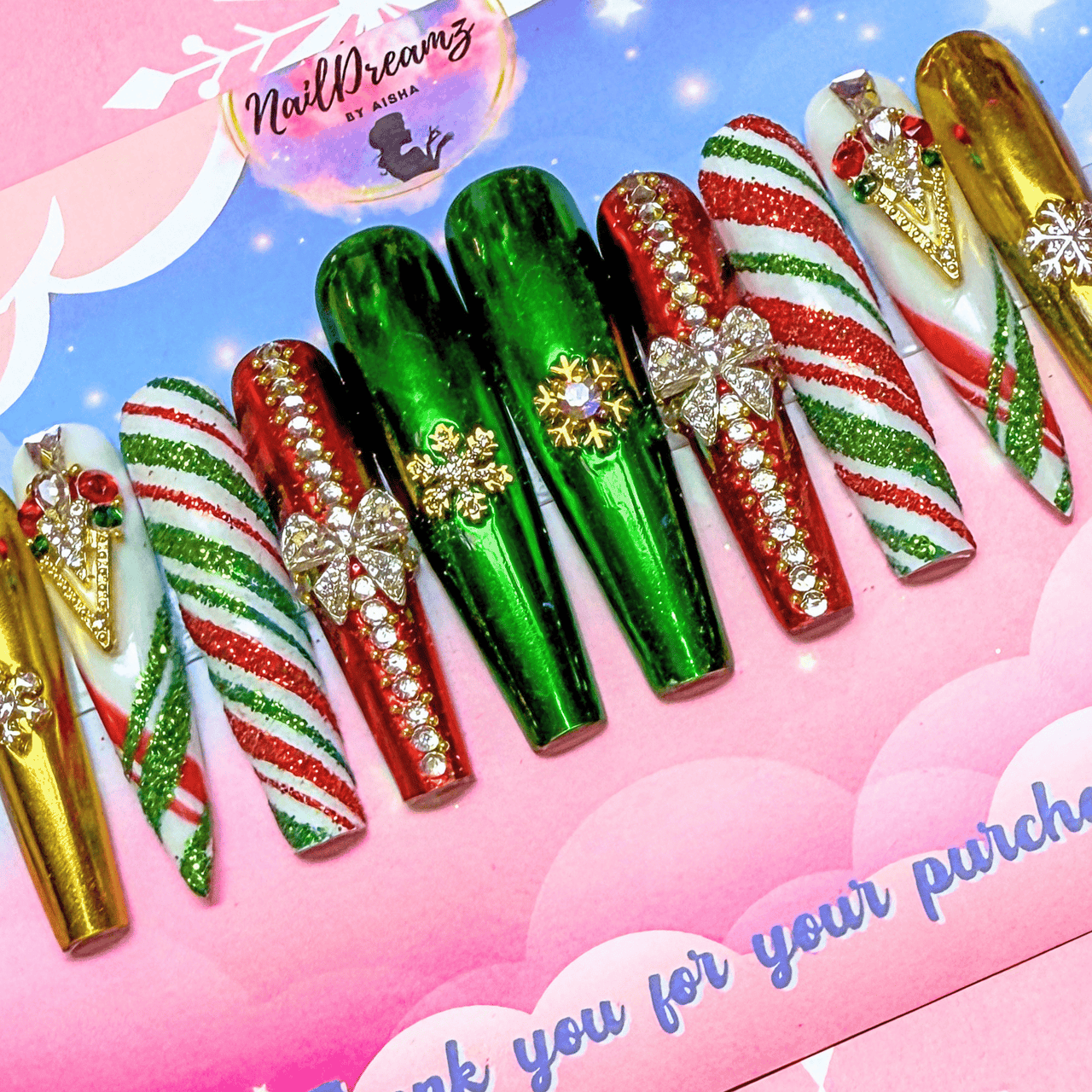 Chrome Christmas Present Press On Nails – Holiday Rhinestone Luxury Set ✨ - Nail Dreamz by AishaJCK-CHS