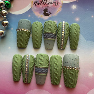 Cozy Olive Sweater Nails – Hand - Painted Press On Nails ✨ - Nail Dreamz by AishaOLV-CHS