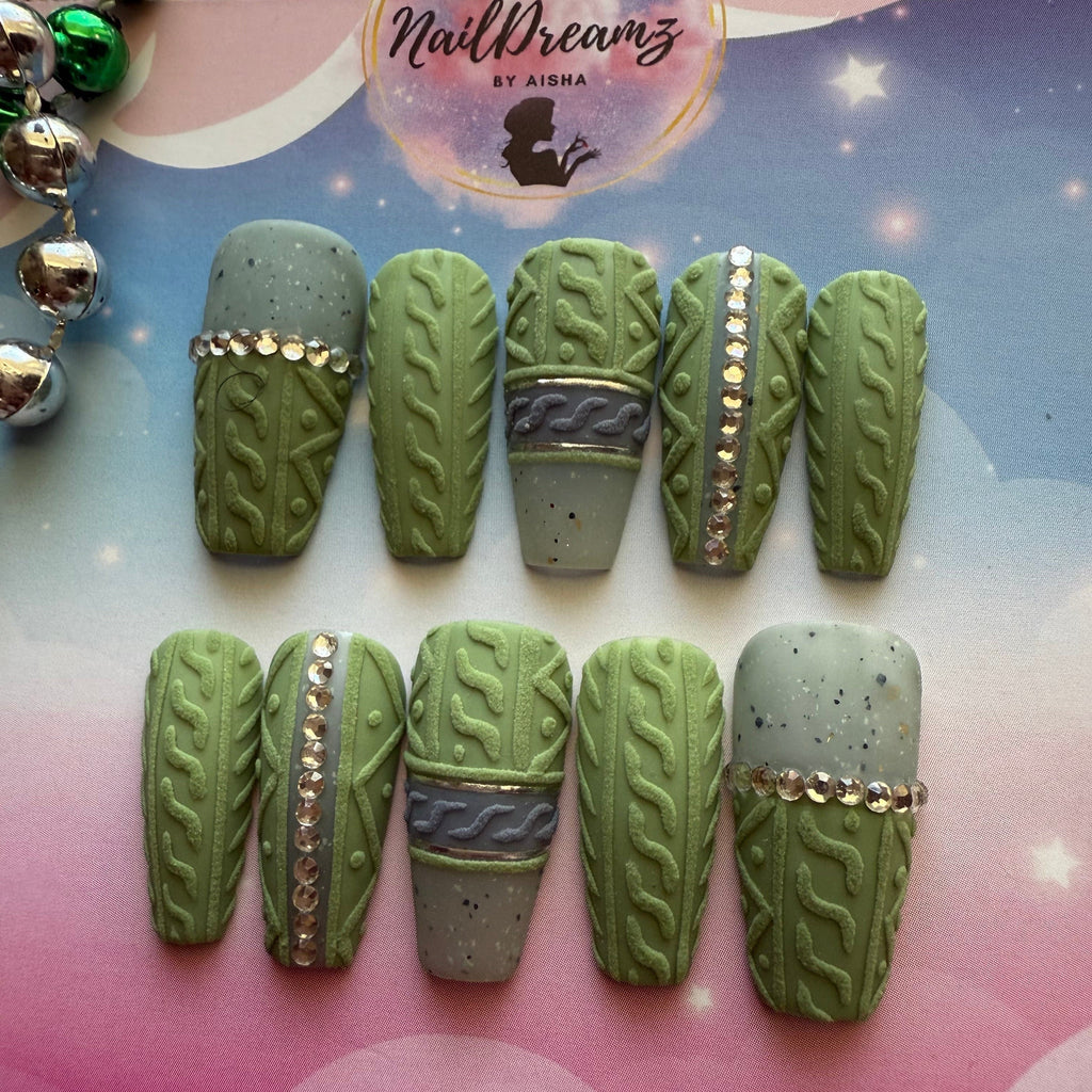 Cozy Olive Sweater Nails – Hand - Painted Press On Nails ✨ - Nail Dreamz by AishaOLV-CHS