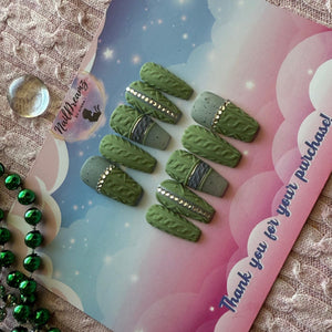 Cozy Olive Sweater Nails – Hand - Painted Press On Nails ✨ - Nail Dreamz by AishaOLV-CHS