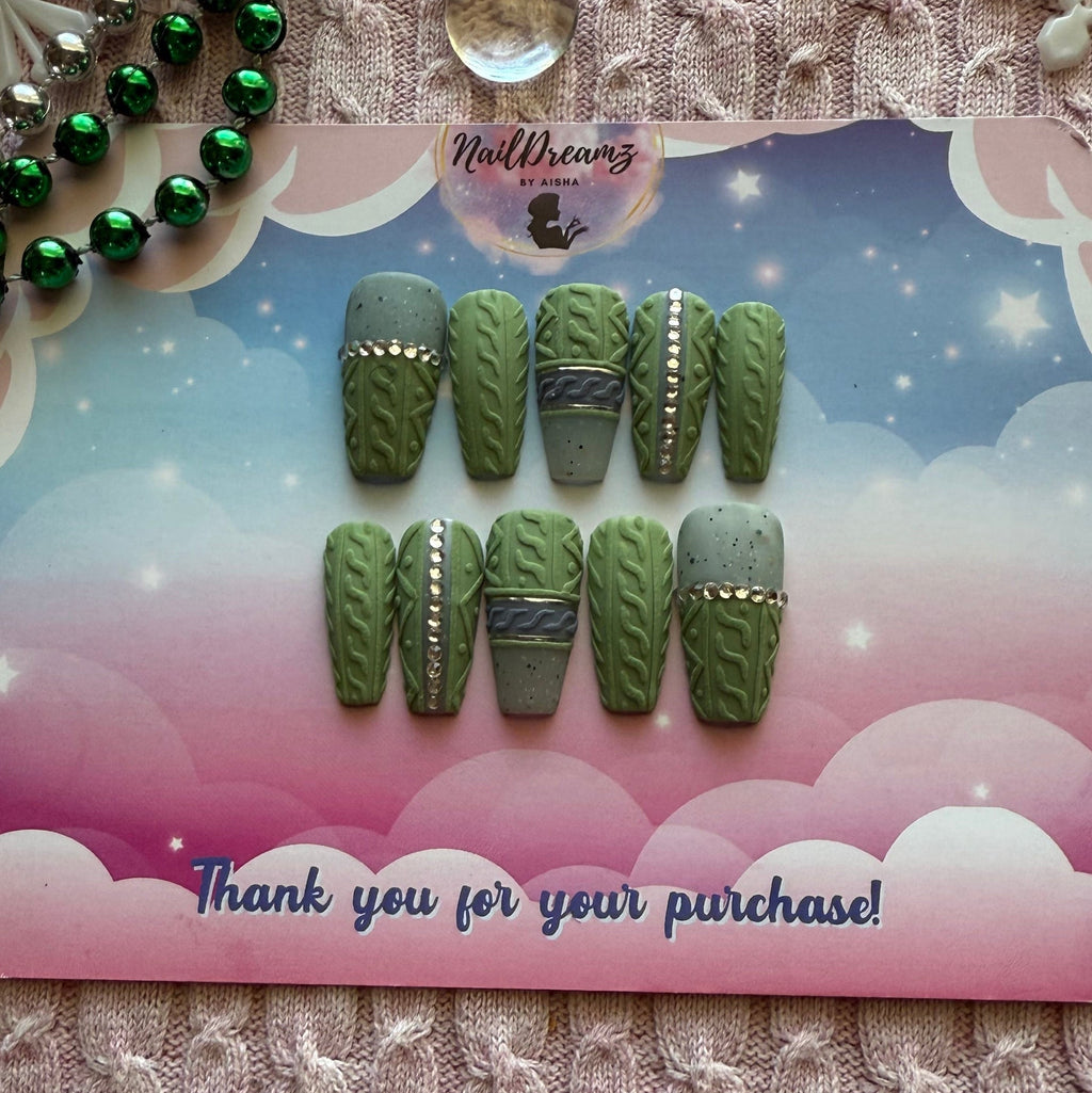 Cozy Olive Sweater Nails – Hand - Painted Press On Nails ✨ - Nail Dreamz by AishaOLV-CHS