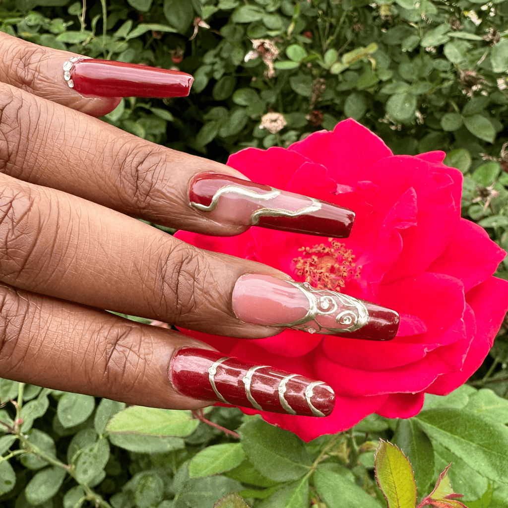 Crimson & Gold Chrome Nails – Red Press Ons - Nail Dreamz by AishaCNG - FAL