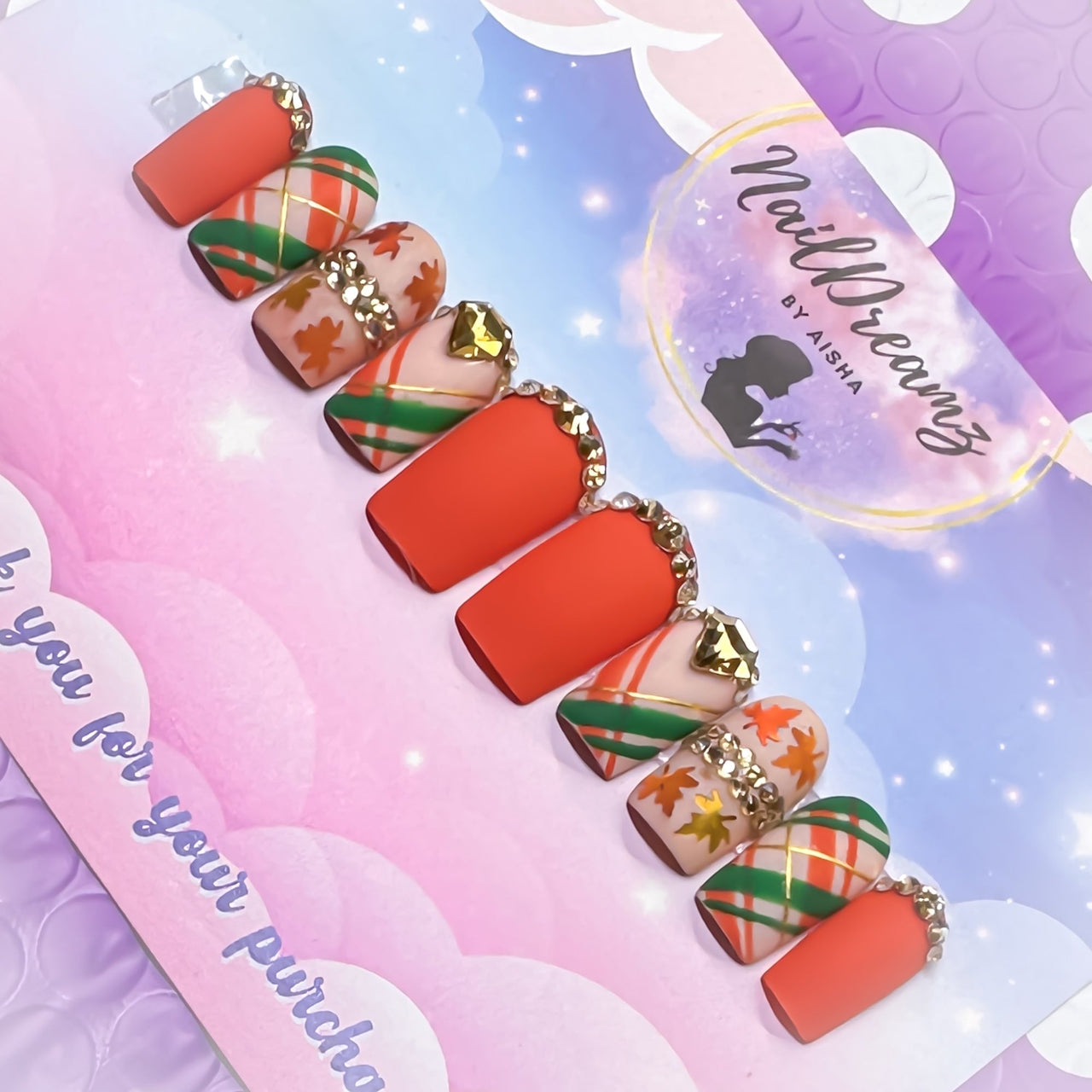 Hand-painted rhinestone plaid fall press on nails with autumn leaves