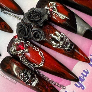 Gothic Red & Black Halloween Nails – 3D Chains, Roses, Chrome & Charms - Nail Dreamz by AishaTTM - HLW