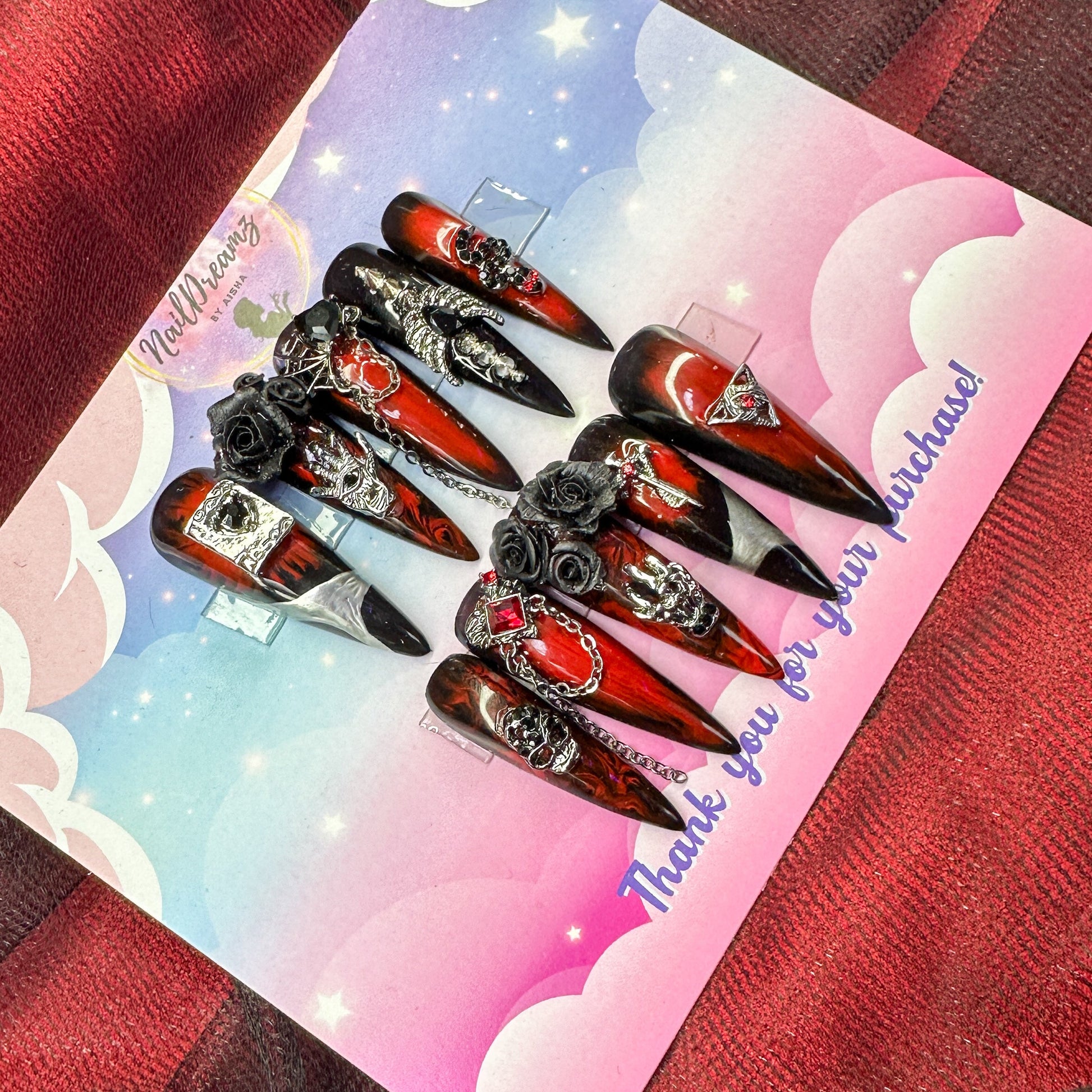 Gothic Red & Black Halloween Nails| Talk to Me Press On Nails - Nail Dreamz by AishaTTM - HLW