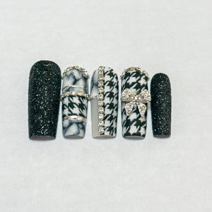 Houndstooth Glam Press On Nails – Black & White Bow Set - Nail Dreamz by Aisha