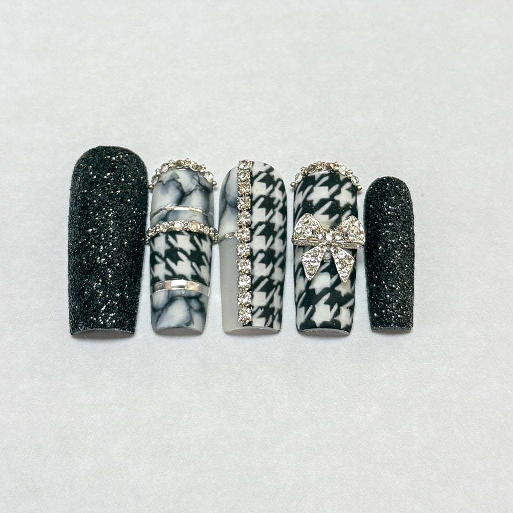 Houndstooth Glam Press On Nails – Black & White Bow Set - Nail Dreamz by Aisha