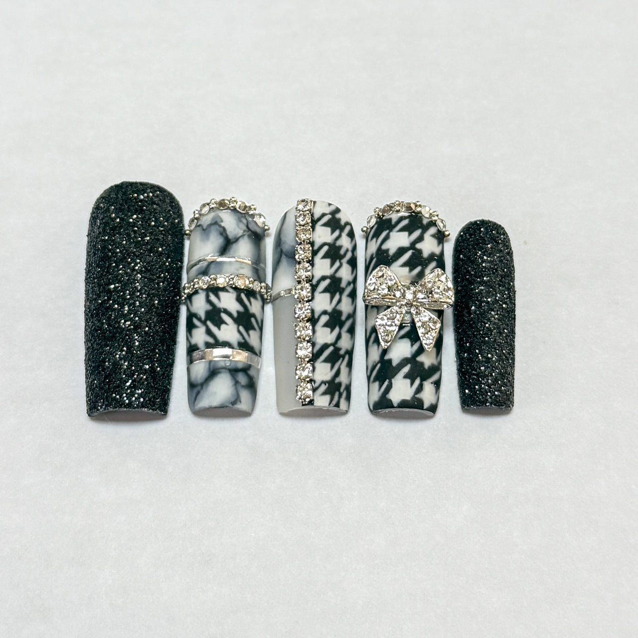 Houndstooth Glam Press On Nails – Black & White Bow Set - Nail Dreamz by Aisha
