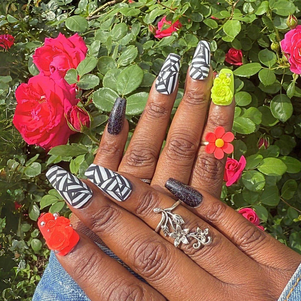 Loud Bloom – Neon Rose & Black Glitter Press On Nails ✨ - Nail Dreamz by AishaLB - SUM