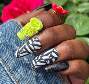 Loud Bloom – Neon Rose & Black Glitter Press On Nails ✨ - Nail Dreamz by AishaLB - SUM