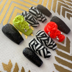 Loud Bloom – Neon Rose & Black Glitter Press On Nails ✨ - Nail Dreamz by AishaLB - SUM