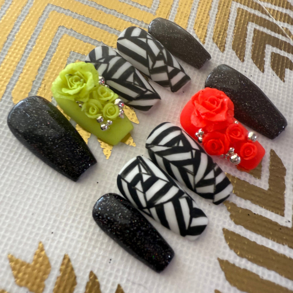 Loud Bloom – Neon Rose & Black Glitter Press On Nails ✨ - Nail Dreamz by AishaLB - SUM