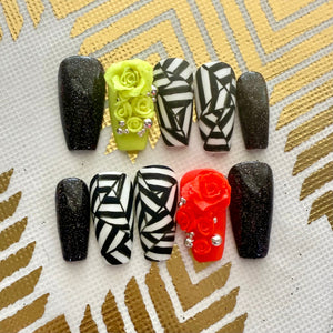 Loud Bloom – Neon Rose & Black Glitter Press On Nails ✨ - Nail Dreamz by AishaLB - SUM