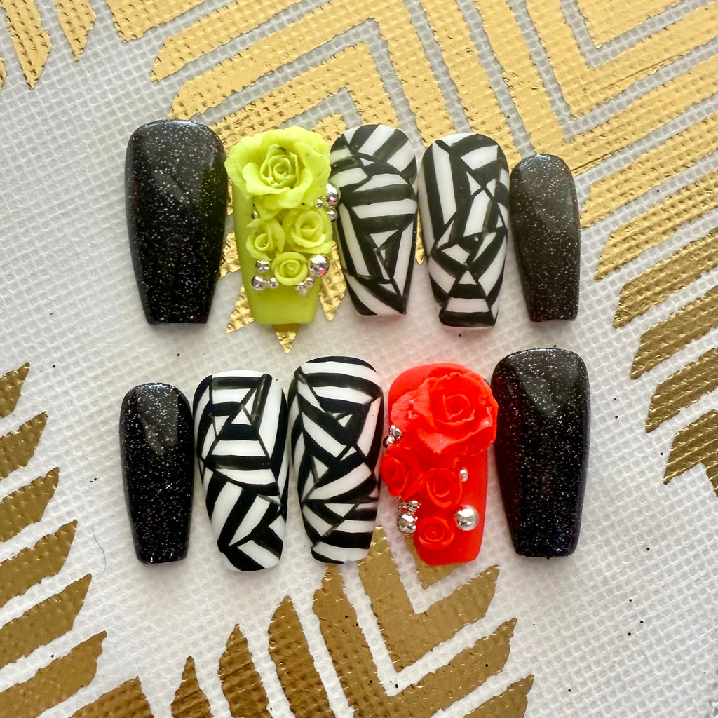 Loud Bloom – Neon Rose & Black Glitter Press On Nails ✨ - Nail Dreamz by AishaLB - SUM