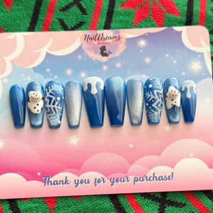 Melted Snowman Press On Nails – Blue Jelly Cat Eye Winter Holiday Set - Nail Dreamz by AishaMLT-CHS