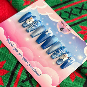 Melted Snowman Press On Nails – Blue Jelly Cat Eye Winter Holiday Set - Nail Dreamz by AishaMLT-CHS